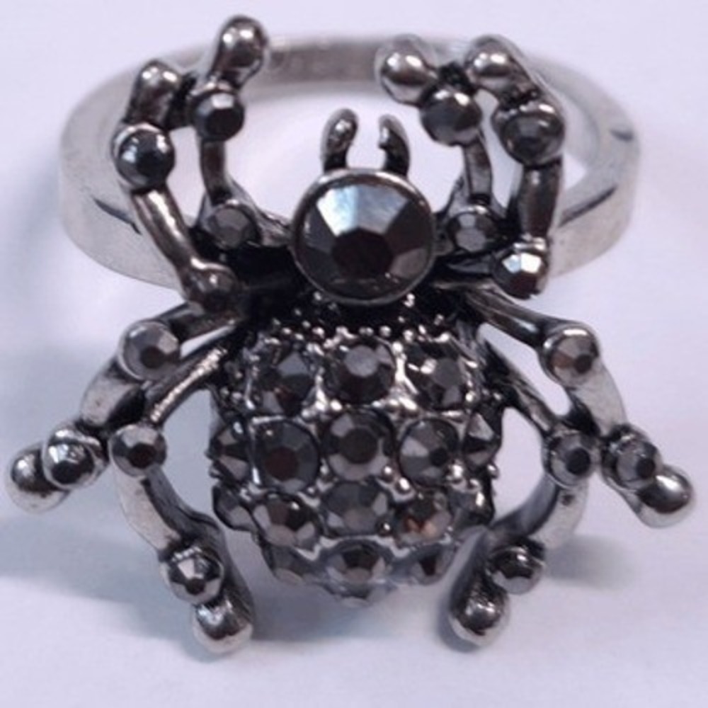 New Spider Ring 7.75 Marcasite Black Rhinestone 3D Silvertone Statement Bug Gift